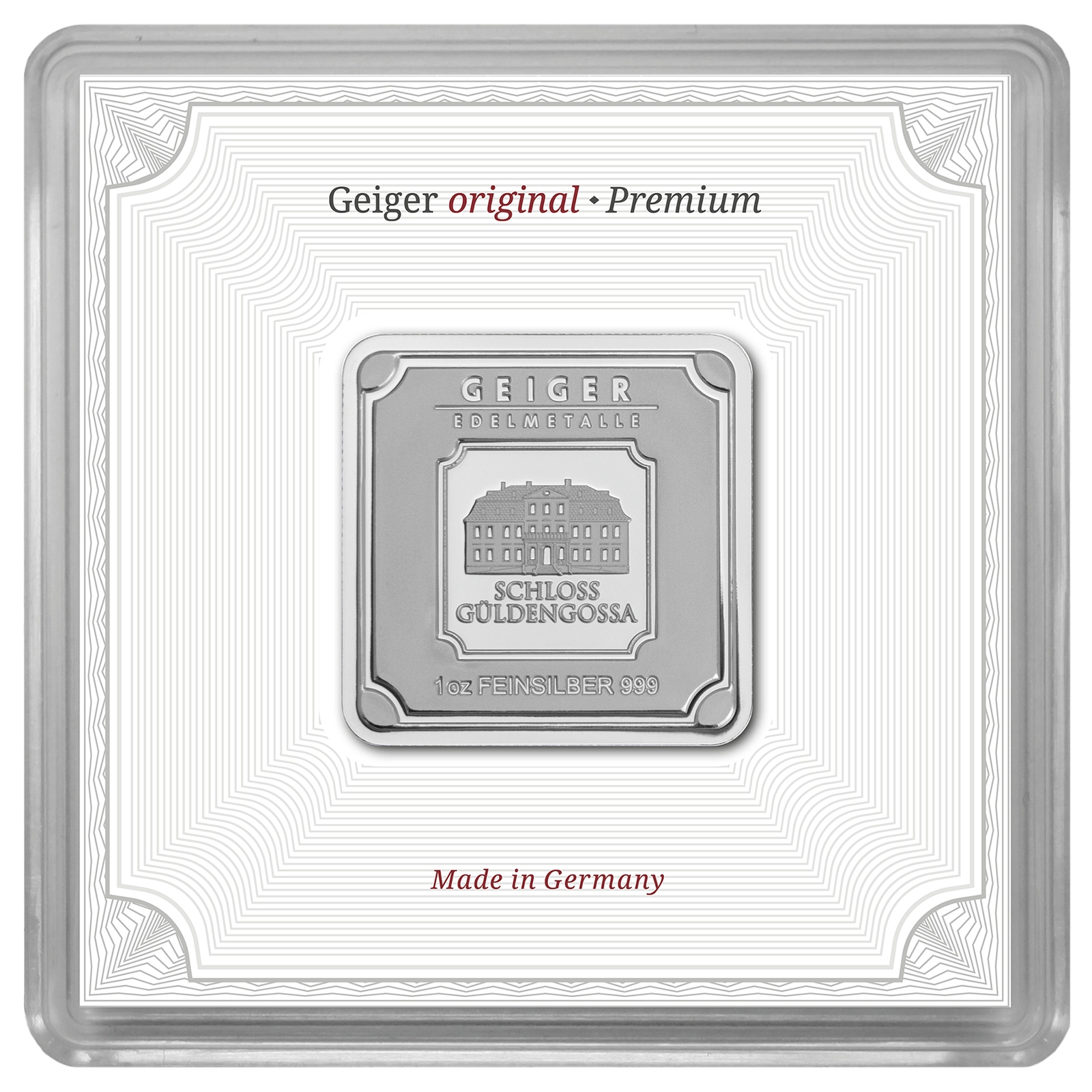 1 oz Geiger Original .999 Fine Silver Bar in Assay