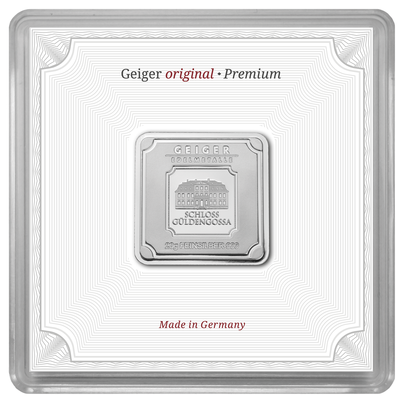 20 Gram Geiger Original .999 Fine Silver Bar in Assay